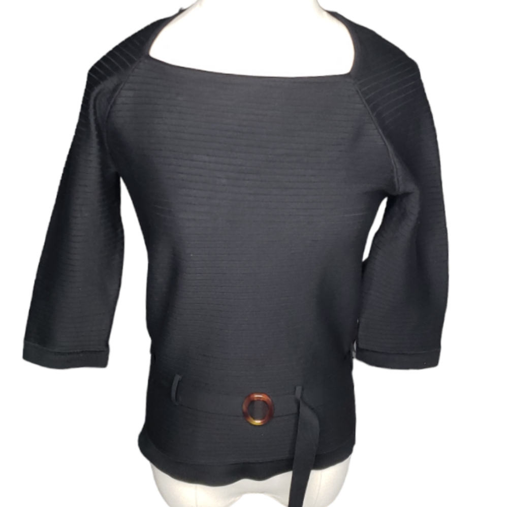 Vintage Cache Silk Knit Top L Square Neck 3/4 Sleeves Belted Horizontal Ribbs